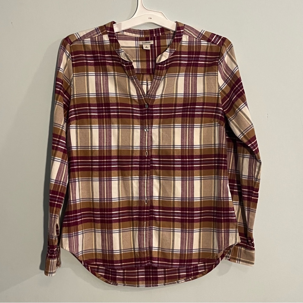 Women’s LL Bean raspberry and mustard plaid flannel button up size small